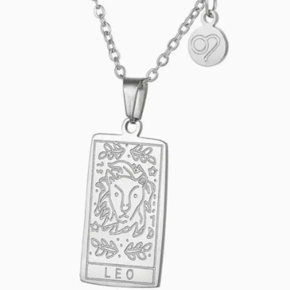 Leo Zodiac Pendant Necklace 18K Gold Electro-Plated Stainless Steel Silver - Picture 2 of 4